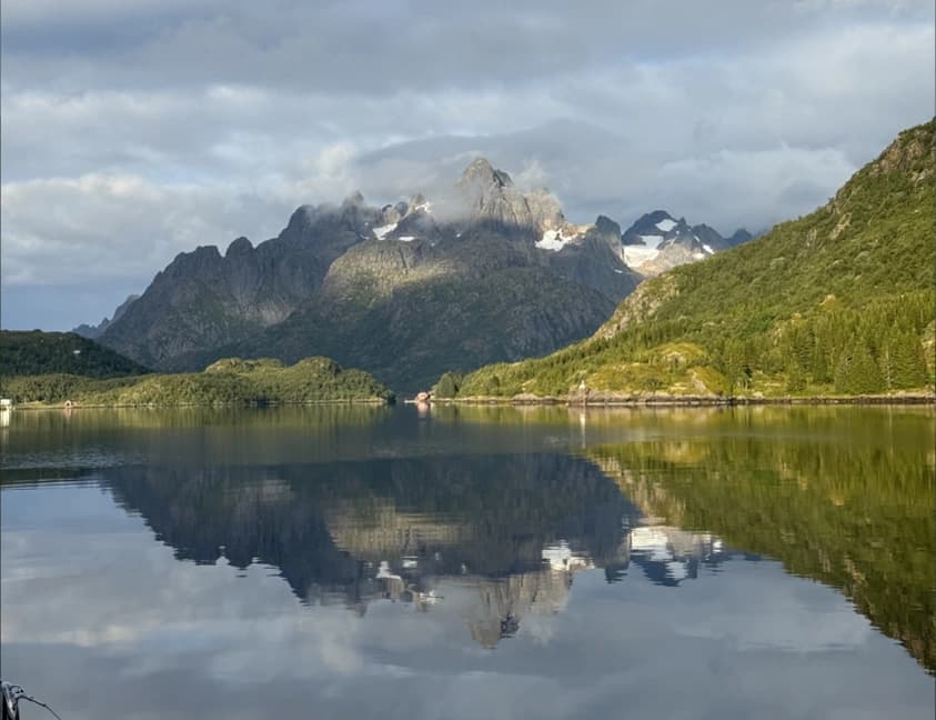 Mountains reflected in still water