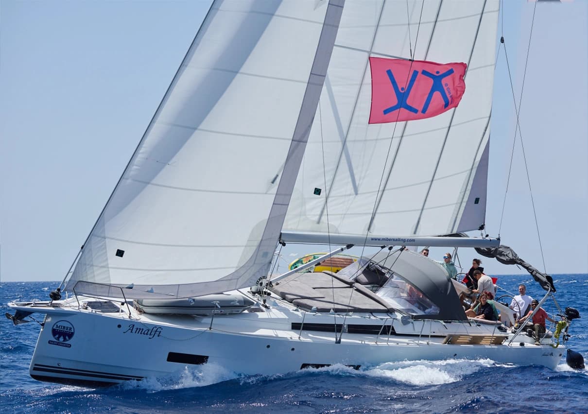 A sailing yacht with white sails crossing blue water